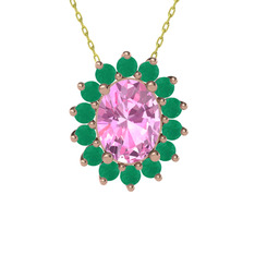 Pembe kuvars ve kök zümrüt 8 ayar rose altın kolye (40 cm altın rolo zincir)