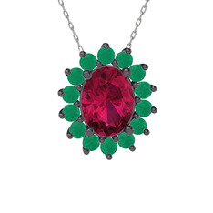 Eda Kolye - Rodolit garnet ve kök zümrüt 925 ayar siyah rodyum kaplama gümüş kolye (40 cm beyaz altın rolo zincir) #1t39gle