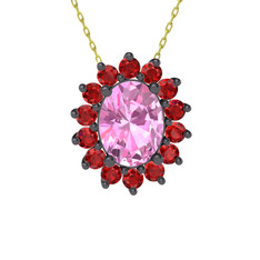 Eda Kolye - Pembe kuvars ve garnet 925 ayar siyah rodyum kaplama gümüş kolye (40 cm altın rolo zincir) #1tlrixj