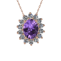 Ametist ve swarovski 14 ayar rose altın kolye (40 cm gümüş rolo zincir)