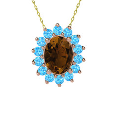 Dumanlı kuvars ve akuamarin 18 ayar rose altın kolye (40 cm gümüş rolo zincir)