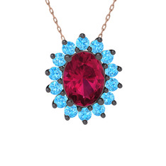 Eda Kolye - Rodolit garnet ve akuamarin 925 ayar siyah rodyum kaplama gümüş kolye (40 cm rose altın rolo zincir) #1uybc96