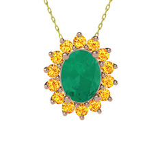 Kök zümrüt ve sitrin 14 ayar rose altın kolye (40 cm altın rolo zincir)