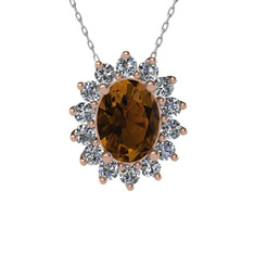 Eda Kolye - Dumanlı kuvars ve pırlanta 925 ayar rose altın kaplama gümüş kolye (0.504 karat, 40 cm beyaz altın rolo zincir) #1vzl7om