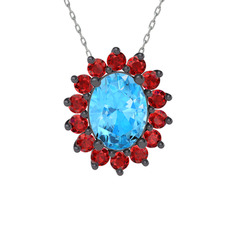 Akuamarin ve garnet 925 ayar siyah rodyum kaplama gümüş kolye (40 cm beyaz altın rolo zincir)