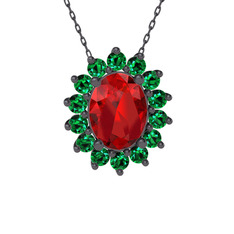 Eda Kolye - Garnet ve yeşil kuvars 925 ayar siyah rodyum kaplama gümüş kolye (40 cm gümüş rolo zincir) #1wo2r0q
