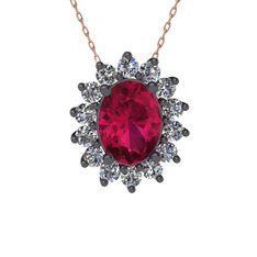 Rodolit garnet ve pırlanta 925 ayar siyah rodyum kaplama gümüş kolye (0.504 karat, 40 cm rose altın rolo zincir)