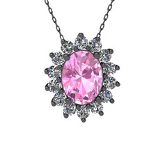 Eda Kolye - Pembe kuvars ve pırlanta 925 ayar siyah rodyum kaplama gümüş kolye (0.504 karat, 40 cm gümüş rolo zincir) #1xlv173