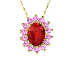 Garnet ve pembe kuvars 14 ayar altın kolye (40 cm altın rolo zincir)