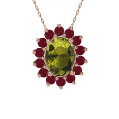 Eda Kolye - Peridot ve kök yakut 8 ayar rose altın kolye (40 cm rose altın rolo zincir) #1y4yc03