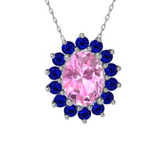 Pembe kuvars ve lab safir 18 ayar beyaz altın kolye (40 cm gümüş rolo zincir)