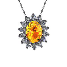 Eda Kolye - Sitrin ve pırlanta 925 ayar siyah rodyum kaplama gümüş kolye (0.504 karat, 40 cm gümüş rolo zincir) #2il4ft