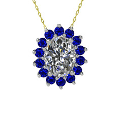 Swarovski ve lab safir 8 ayar beyaz altın kolye (40 cm altın rolo zincir)