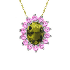 Eda Kolye - Peridot ve pembe kuvars 14 ayar beyaz altın kolye (40 cm altın rolo zincir) #3b6n4l