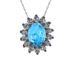Eda Kolye - Akuamarin ve swarovski 925 ayar siyah rodyum kaplama gümüş kolye (40 cm beyaz altın rolo zincir) #3d5b05