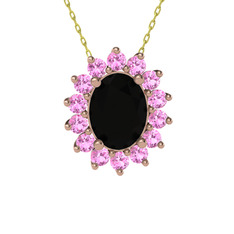 Siyah zirkon ve pembe kuvars 8 ayar rose altın kolye (40 cm altın rolo zincir)