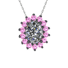 Eda Kolye - Swarovski ve pembe kuvars 925 ayar siyah rodyum kaplama gümüş kolye (40 cm beyaz altın rolo zincir) #5h4f62