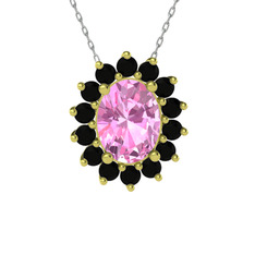 Pembe kuvars ve siyah zirkon 8 ayar altın kolye (40 cm beyaz altın rolo zincir)