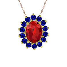 Garnet ve lab safir 925 ayar altın kaplama gümüş kolye (40 cm rose altın rolo zincir)