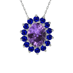 Ametist ve lab safir 14 ayar beyaz altın kolye (40 cm beyaz altın rolo zincir)