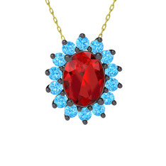 Eda Kolye - Garnet ve akuamarin 925 ayar siyah rodyum kaplama gümüş kolye (40 cm gümüş rolo zincir) #7ggt79