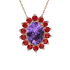 Ametist ve garnet 14 ayar rose altın kolye (40 cm rose altın rolo zincir)