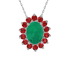 Kök zümrüt ve garnet 14 ayar beyaz altın kolye (40 cm beyaz altın rolo zincir)