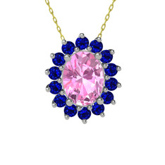 Pembe kuvars ve lab safir 925 ayar gümüş kolye (40 cm gümüş rolo zincir)