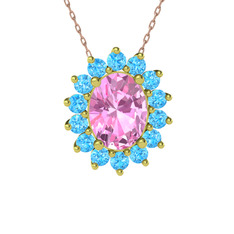 Pembe kuvars ve akuamarin 18 ayar altın kolye (40 cm gümüş rolo zincir)