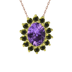 Ametist ve peridot 8 ayar altın kolye (40 cm rose altın rolo zincir)