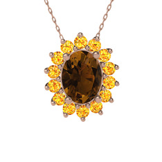 Eda Kolye - Dumanlı kuvars ve sitrin 8 ayar rose altın kolye (40 cm rose altın rolo zincir) #ap7gms