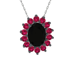 Siyah zirkon ve rodolit garnet 925 ayar siyah rodyum kaplama gümüş kolye (40 cm beyaz altın rolo zincir)