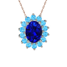 Eda Kolye - Lab safir ve akuamarin 8 ayar beyaz altın kolye (40 cm rose altın rolo zincir) #bpcyfi