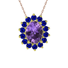 Eda Kolye - Ametist ve lab safir 8 ayar altın kolye (40 cm rose altın rolo zincir) #cjpsb