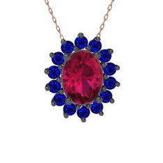 Eda Kolye - Rodolit garnet ve lab safir 925 ayar siyah rodyum kaplama gümüş kolye (40 cm gümüş rolo zincir) #cv9097