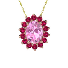 Pembe kuvars ve rodolit garnet 18 ayar rose altın kolye (40 cm altın rolo zincir)