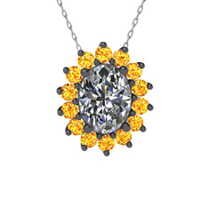 Swarovski ve sitrin 925 ayar siyah rodyum kaplama gümüş kolye (40 cm beyaz altın rolo zincir)