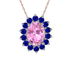 Eda Kolye - Pembe kuvars ve lab safir 8 ayar beyaz altın kolye (40 cm rose altın rolo zincir) #e413qd