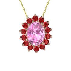 Eda Kolye - Pembe kuvars ve garnet 14 ayar rose altın kolye (40 cm altın rolo zincir) #e48k19