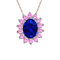 Lab safir ve pembe kuvars 8 ayar beyaz altın kolye (40 cm rose altın rolo zincir)