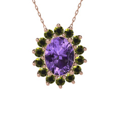 Ametist ve peridot 14 ayar rose altın kolye (40 cm rose altın rolo zincir)