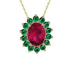Rodolit garnet ve yeşil kuvars 14 ayar rose altın kolye (40 cm gümüş rolo zincir)