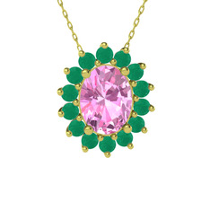 Pembe kuvars ve kök zümrüt 925 ayar altın kaplama gümüş kolye (40 cm altın rolo zincir)