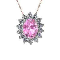 Pembe kuvars ve beyaz zirkon 18 ayar beyaz altın kolye (40 cm rose altın rolo zincir)