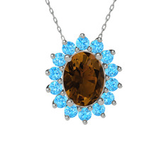 Dumanlı kuvars ve akuamarin 14 ayar beyaz altın kolye (40 cm beyaz altın rolo zincir)