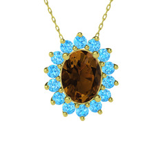 Eda Kolye - Dumanlı kuvars ve akuamarin 14 ayar altın kolye (40 cm gümüş rolo zincir) #i7b16k