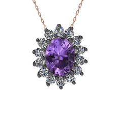 Eda Kolye - Ametist ve swarovski 925 ayar siyah rodyum kaplama gümüş kolye (40 cm rose altın rolo zincir) #i9zbn1