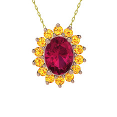 Rodolit garnet ve sitrin 18 ayar rose altın kolye (40 cm altın rolo zincir)