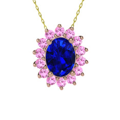 Lab safir ve pembe kuvars 8 ayar rose altın kolye (40 cm altın rolo zincir)