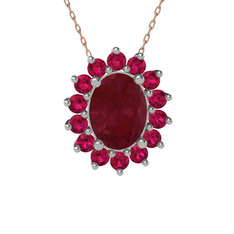 Kök yakut ve rodolit garnet 14 ayar beyaz altın kolye (40 cm gümüş rolo zincir)
